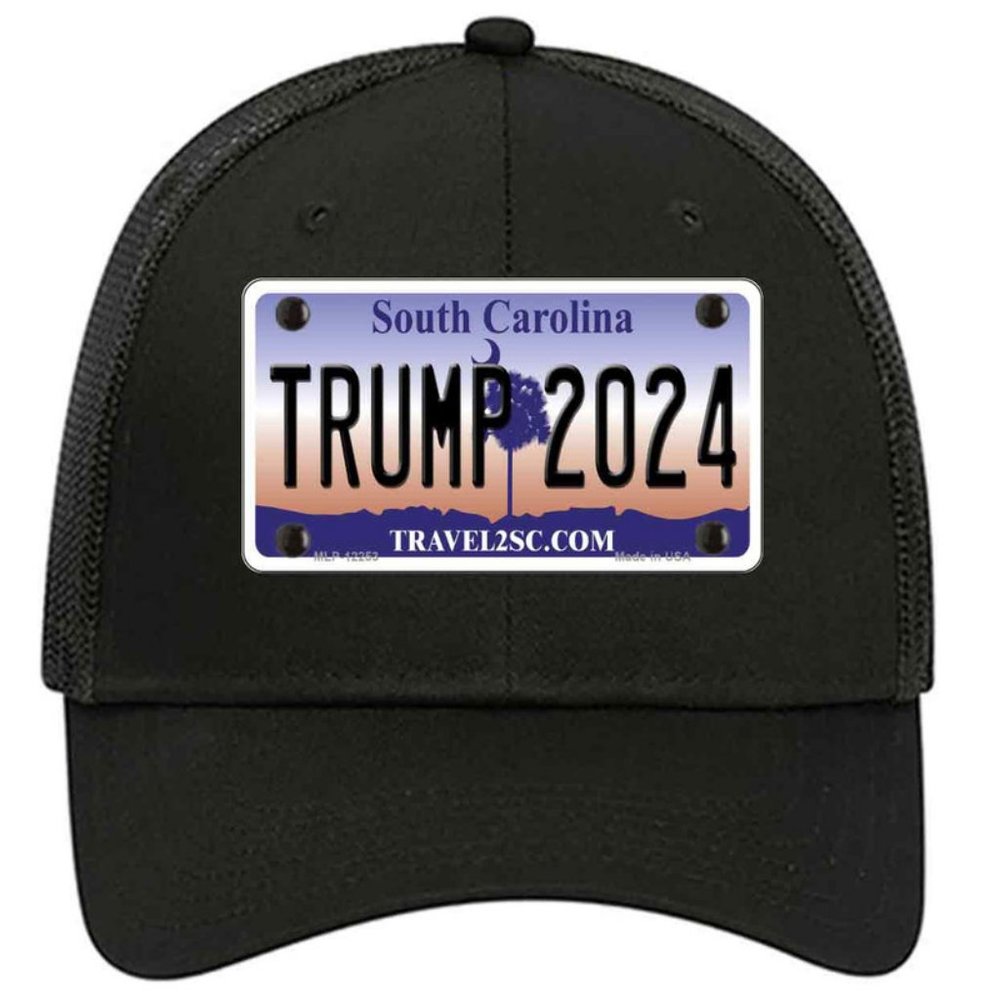 Trump 2024 South Carolina Metal on Trucker Mesh Snapback Hat - Black